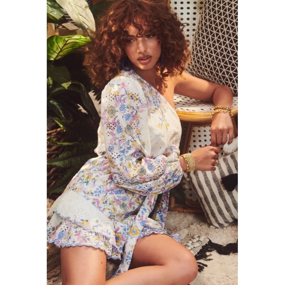 Hemant & Nandita Vana One Shoulder Floral Schiffli Lace Cotton Mini Dress Medium